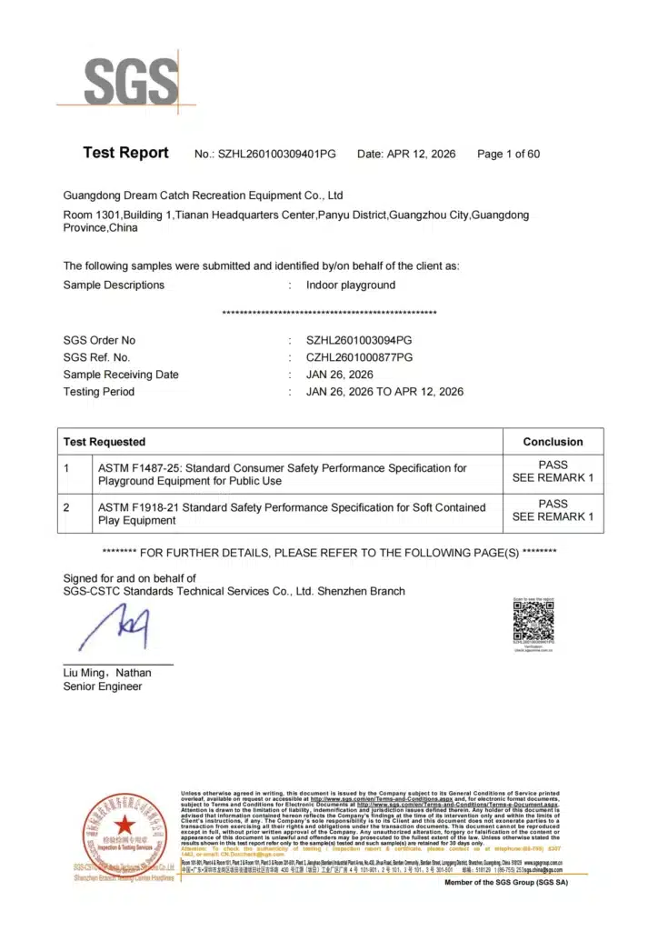 ASTM F1918-21 Standard Safety Performance Specification for Soft Contained Play Equipment - ASTM F1487-21 Standard Consumer Safety Performance Specification for Playground Equipment for Public Use - Guangdong Dream Catch Recreation Equipment Co., Ltd.